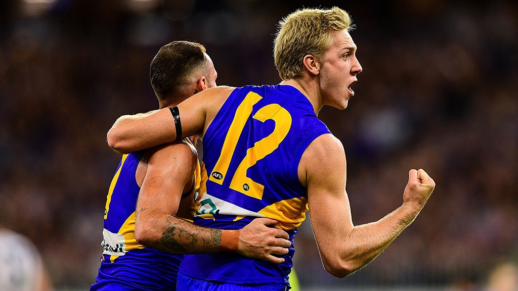Eagleswinap13.jpg Oscar Allen celebrates a crucial goal in the third quarter - AFL,West Coast Eagles,Fremantle,Western Derby,Tag-Match Report